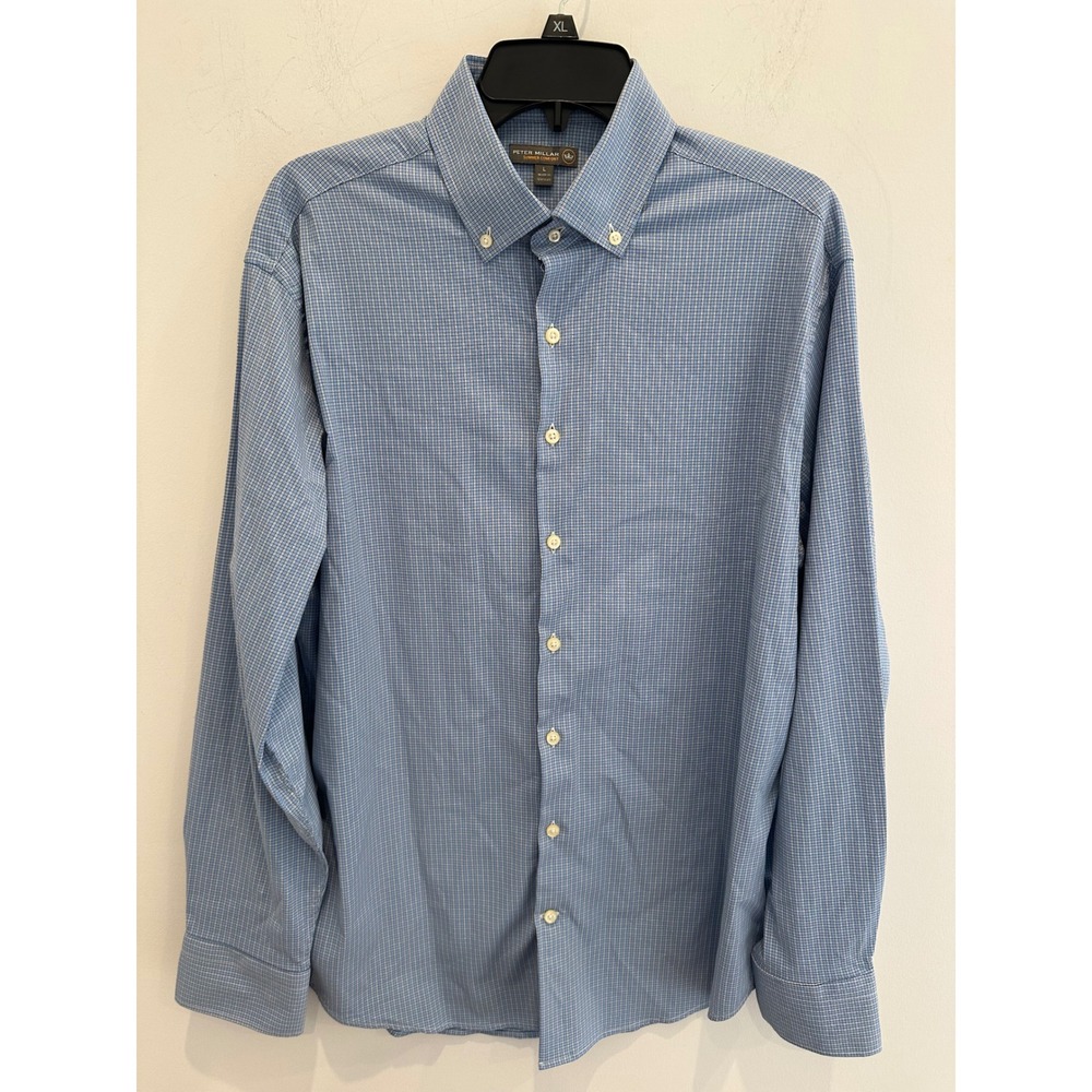 Peter Millar Summer Comfort Mens Large Blue Micro Check Button Down Shirt